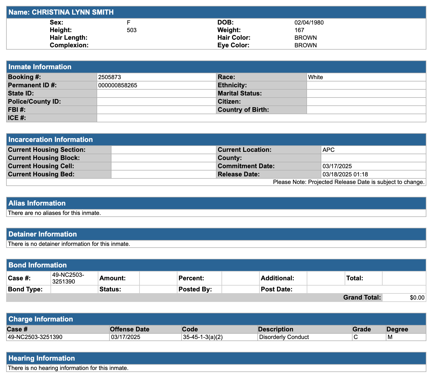 Christina Smith's Arrest Record
